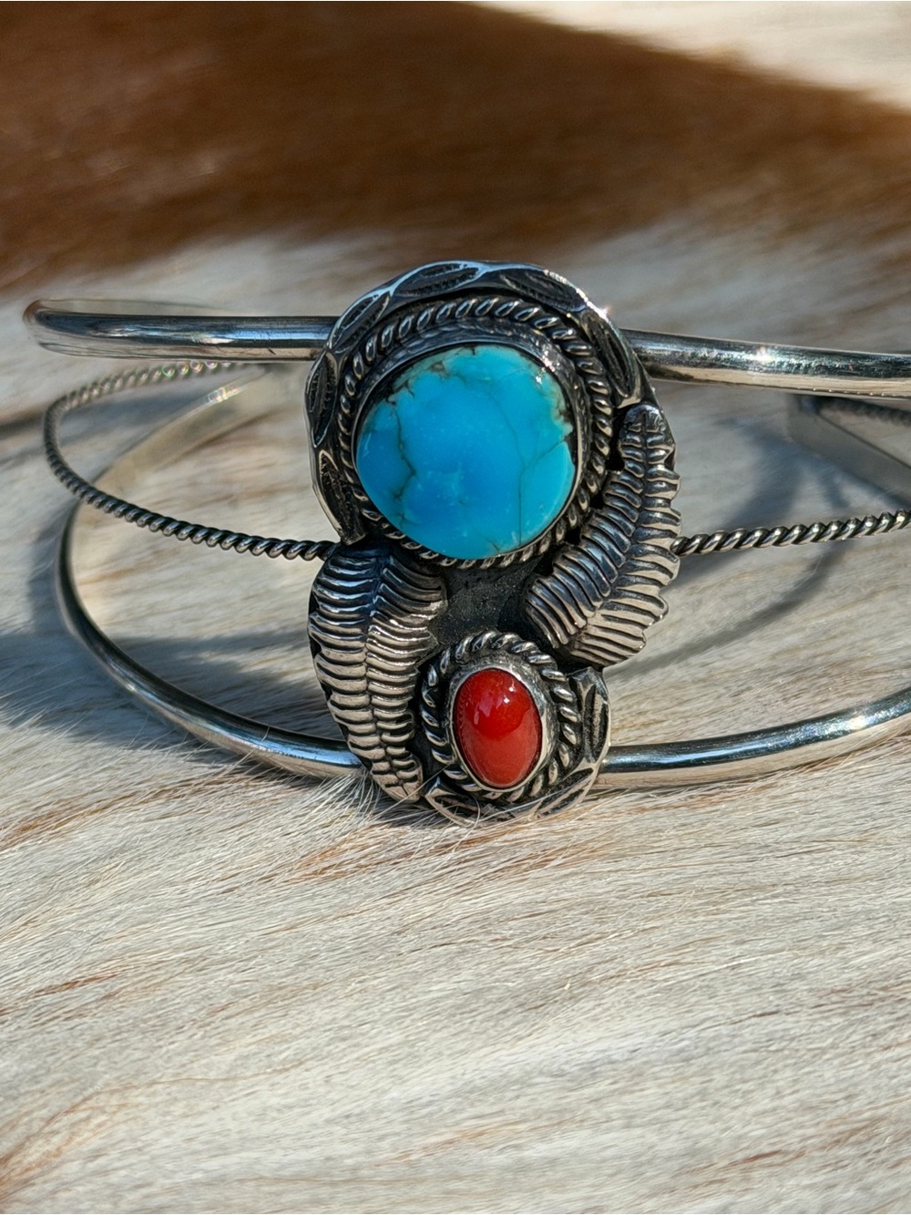 VTG native Sterling silver, Coral and Turquoise Cuff